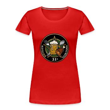 Insigne – 31e Râtelier de Gloutons - T-shirt bio Premium Femme - rouge - Devant - Mia (176cm)