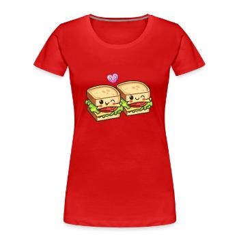 Sandwich Couple Amour Coeur Saint Valentin - T-shirt bio Premium Femme - rouge - Devant - Mia (176cm)