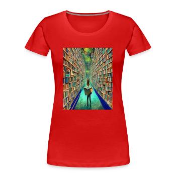 "Die Bücherei der Zeit" - Frauen Premium Bio T-Shirt - Rot - Vorne - Mia (176cm)