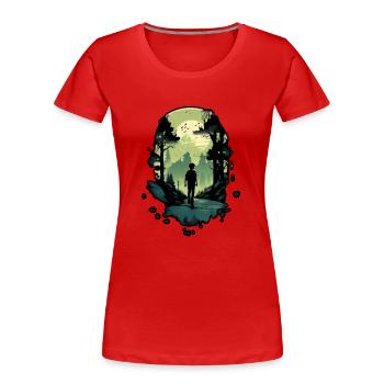 Wilderness Explorer, Menschensilhouette im Wald - Frauen Premium Bio T-Shirt - Rot - Vorne - Mia (176cm)
