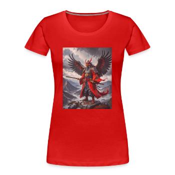 Majestätischer geflügelter Tengu-Krieger mit roter Maske über m - Frauen Premium Bio T-Shirt - Rot - Vorne - Mia (176cm)