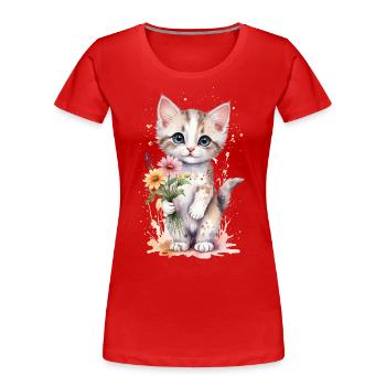 Chaton Joueur avec des Fleurs - Aquarelle - T-shirt bio Premium Femme - rouge - Devant - Mia (176cm)