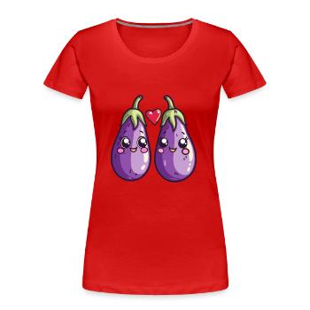 Aubergine Couple Amour Coeur Saint Valentin - T-shirt bio Premium Femme - rouge - Devant - Mia (176cm)