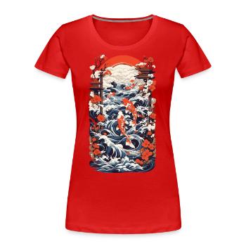 Japon Koi Retro Art Poisson Design Ukiyo-E Style - T-shirt bio Premium Femme - rouge - Devant - Mia (176cm)