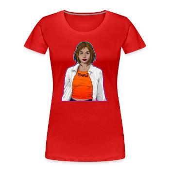 Hübsche Frau mit Hemd mit türkis/pink Rahmen - Frauen Premium Bio T-Shirt - Rot - Vorne - Mia (176cm)