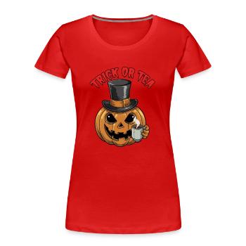 Trick or Tea lustiger Halloweenkürbis mit Teetasse - Frauen Premium Bio T-Shirt - Rot - Vorne - Mia (176cm)