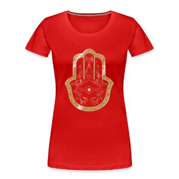 Hamsa Main d’or Fatima - T-shirt bio Premium Femme - rouge - Devant - Mia (176cm)