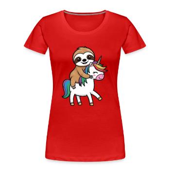 Faules Faultier reitet auf Einhorn - Lustiges Desi - Frauen Premium Bio T-Shirt - Rot - Vorne - Mia (176cm)