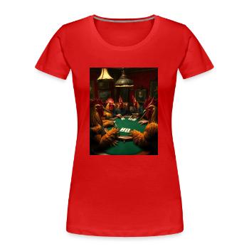 Geflügeltes Pokerface – Hähne zocken - Frauen Premium Bio T-Shirt - Rot - Vorne - Mia (176cm)