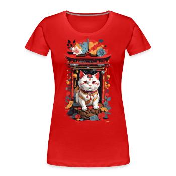 Maneki Neko Chat porte-bonheur dans un sanctuaire japonais - T-shirt bio Premium Femme - rouge - Devant - Mia (176cm)