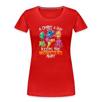 One Candy Per Day Keeps The Montser Far Halloween - Women's Premium Organic T-Shirt - red - Front - Mia (176cm)