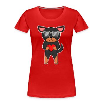 Lancashire Heeler with sunglasses and heart - Women's Premium Organic T-Shirt - red - Front - Mia (176cm)