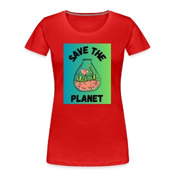 PLANET. PLANET. FEDER. GARTENARBEIT. RUHESTAND - Frauen Premium Bio T-Shirt - Rot - Vorne - Mia (176cm)
