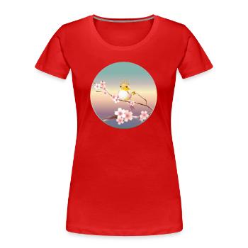 Canary with crown on cherry blossom branch - Women's Premium Organic T-Shirt - red - Front - Mia (176cm)