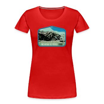 Écusson Paysage Pyrénées : Nature Authentique - T-shirt bio Premium Femme - rouge - Devant - Mia (176cm)