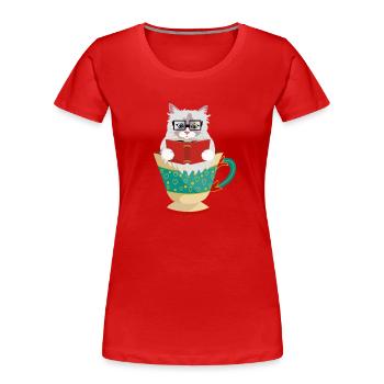 Niedliche Ragdoll-Katze, die ein Buch in einer Kaffeetasse liest - Frauen Premium Bio T-Shirt - Rot - Vorne - Mia (176cm)