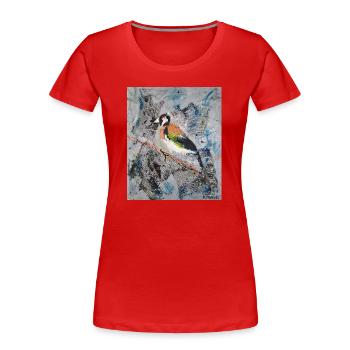 Acrylic painting with Stiglitz on tree branch - Women's Premium Organic T-Shirt - red - Front - Mia (176cm)