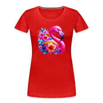 Flamingo verziert mit Hibiskusblüten - Frauen Premium Bio T-Shirt - Rot - Vorne - Mia (176cm)
