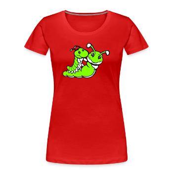2 friends riding caterpillar father mother child dad mom - Women's Premium Organic T-Shirt - red - Front - Mia (176cm)