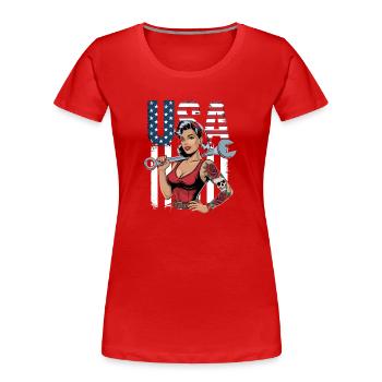 Strong woman with wrench in front of USA flag - Women's Premium Organic T-Shirt - red - Front - Mia (176cm)