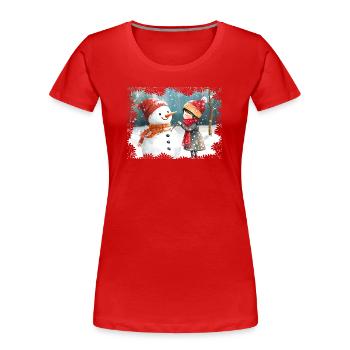 Winter Joy Snowman and Child - Women's Premium Organic T-Shirt - red - Front - Mia (176cm)