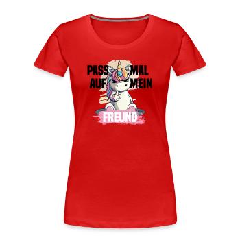 Naughty Unicorn – Watch out, my friend! - Women's Premium Organic T-Shirt - red - Front - Mia (176cm)
