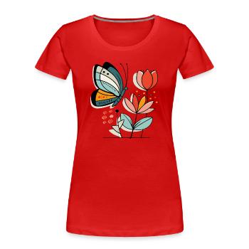 Schmetterling fliegt zu Blüten - Frauen Premium Bio T-Shirt - Rot - Vorne - Mia (176cm)