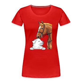 Weißer Schweizer Schäferhund und rotes Pferd - Frauen Premium Bio T-Shirt - Rot - Vorne - Mia (176cm)