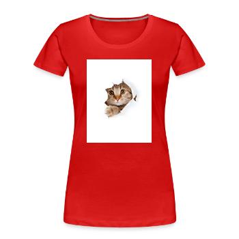 Chaton à coucou à travers une déchirure de papier - T-shirt bio Premium Femme - rouge - Devant - Mia (176cm)