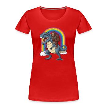 Bigfoot Riding T-Rex Dinosaur Rainbow - Women's Premium Organic T-Shirt - red - Front - Mia (176cm)