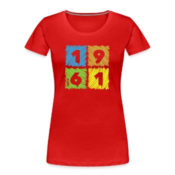 Écussons colorés pour le 65e anniversaire depuis 04/1961 - T-shirt bio Premium Femme - rouge - Devant - Mia (176cm)