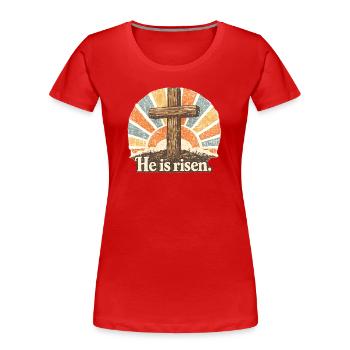 Kruzifix He is Risen Vintage - Frauen Premium Bio T-Shirt - Rot - Vorne - Mia (176cm)