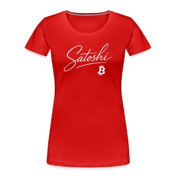 Satoshi Shirt for Bitcoin and Crypto Fans - Women's Premium Organic T-Shirt - red - Front - Mia (176cm)