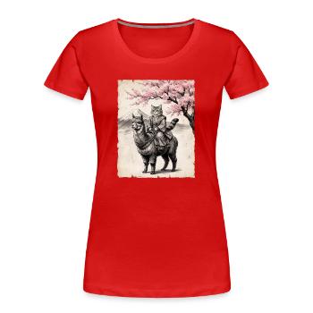 Le chat chevauche le lama - T-shirt bio Premium Femme - rouge - Devant - Mia (176cm)