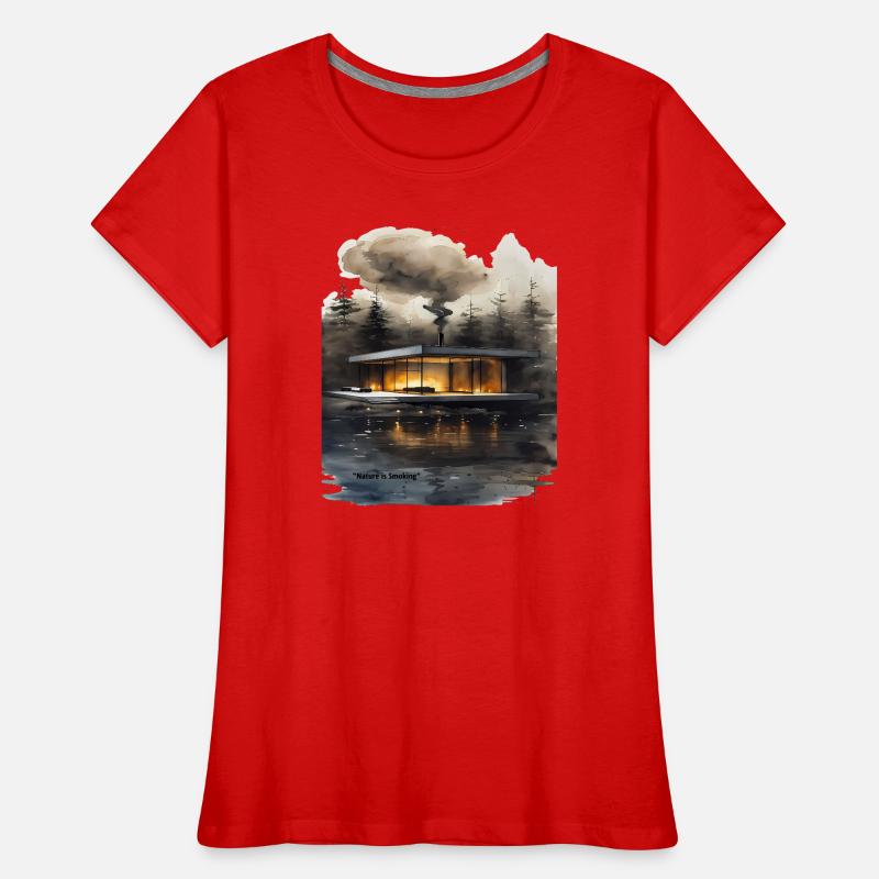 Cabane moderne éclairée par le feu sur le lac T-shirt bio Premium Femme