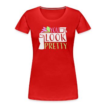 Tu as l’air assez drôle, complément Logo de l’amour de soi - T-shirt bio Premium Femme - rouge - Devant - Mia (176cm)