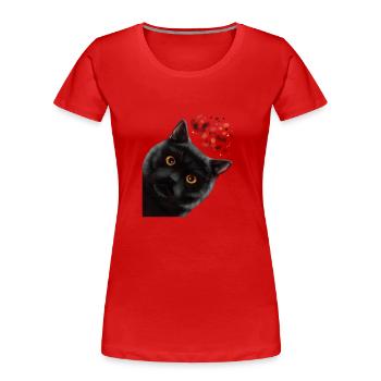 Funny Curious Black British Shorthair Cat - Women's Premium Organic T-Shirt - red - Front - Mia (176cm)