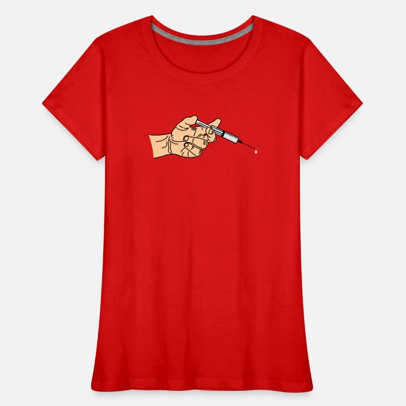 Seringue avec goutte à goutte sortant dans la main T-shirt bio Premium Femme