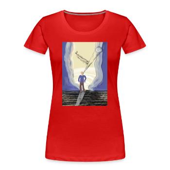Jenseits des Horizonts: Eine kosmische Odyssee - Frauen Premium Bio T-Shirt - Rot - Vorne - Mia (176cm)