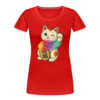 Winkende Glückskatze mit Regenbogen Effekt - Frauen Premium Bio T-Shirt - Rot - Vorne - Mia (176cm)