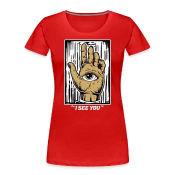 Halloween Blickfang: "I See You" - Auge-in-Hand - Frauen Premium Bio T-Shirt - Rot - Vorne - Mia (176cm)