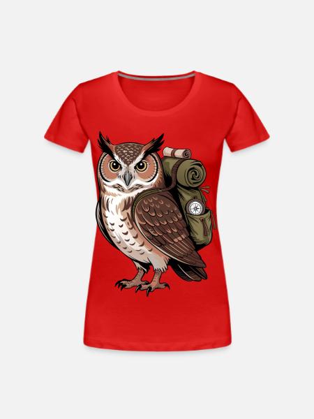 Wandernde Eule mit Rucksack - Frauen Premium Bio T-Shirt - Rot