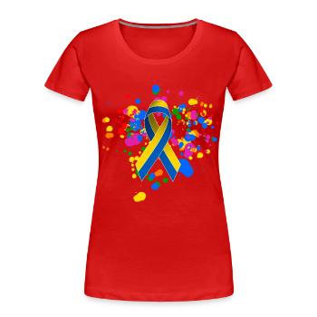 Gay Pride Shirt with Ukrainian Peace Ribbon - Women's Premium Organic T-Shirt - red - Front - Mia (176cm)