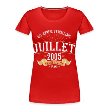 17 Ans Anniversaire Vintage Né(e) en Juillet 2005 - T-shirt bio Premium Femme - rouge - Devant - Mia (176cm)