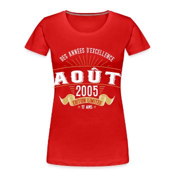 17 Ans Anniversaire Vintage Né(e) en Août 2005 - T-shirt bio Premium Femme - rouge - Devant - Mia (176cm)