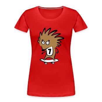 Skate hedgehog "Knut Heinrich" with start number 7 - Women's Premium Organic T-Shirt - red - Front - Mia (176cm)