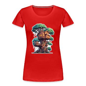 Baumhaus / Baumkrone / Baumhütte / Abenteuer - Frauen Premium Bio T-Shirt - Rot - Vorne - Mia (176cm)