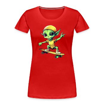 Grüner Alien auf Skateboard: Intergalaktische - Frauen Premium Bio T-Shirt - Rot - Vorne - Mia (176cm)