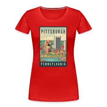 Entdecken Sie die Skyline von Pittsburgh in Pennsylvania - Frauen Premium Bio T-Shirt - Rot - Vorne - Mia (176cm)