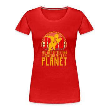 Die Kunst, jemanden mit einem Planeten zu treffen - Frauen Premium Bio T-Shirt - Rot - Vorne - Mia (176cm)